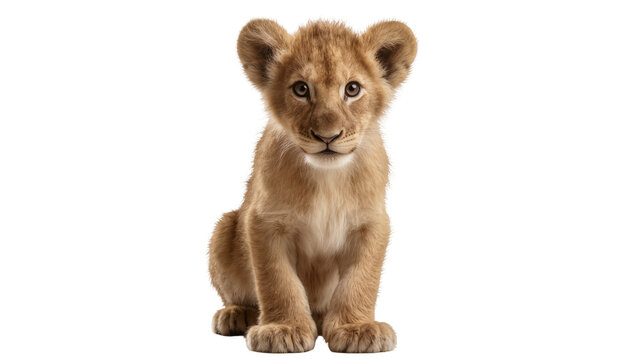 Cute lion cub sitting, looking forward with curious eyes
