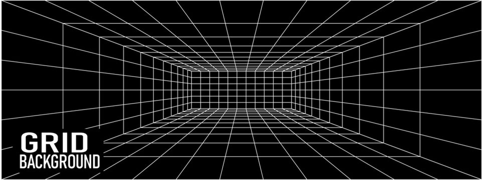 Box wireframe square with grid perspective background and space room line. 3d metaverse pattern with futuristic technology geometric and frame bg future. Perspective abstract box with grid.