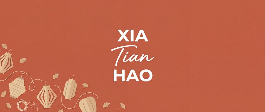 Chinese summer festival background banner featuring paper cut lanterns and ginkgo leaves with Xia Tian Hao text on minimalist terracotta background for oriental greeting card flyer template design.