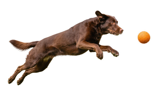 Brown Labrador dog jumping to catch orange ball