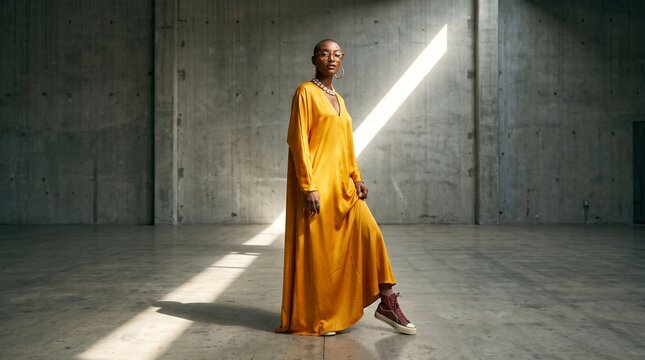 Woman in Yellow Dress Standing in Modern Concrete Space