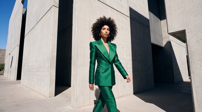 Professional Woman in Green Blazer Walking Urban Space