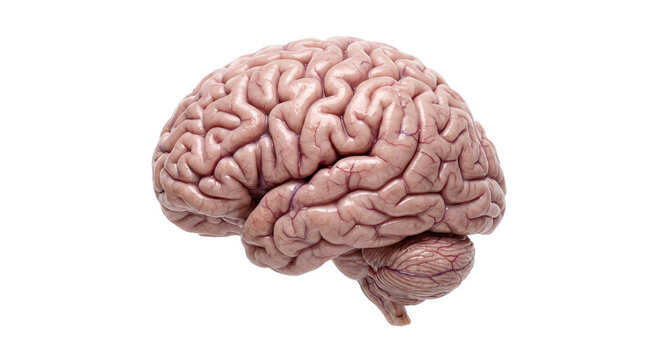 Detailed human brain anatomy with cerebellum and cerebral cortex on white background