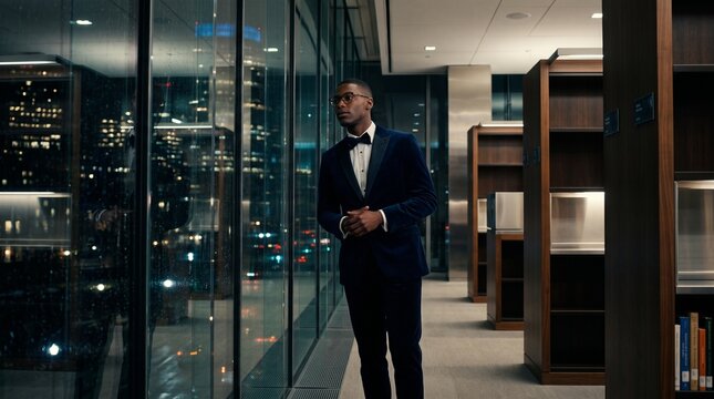 Elegant Man in Tuxedo at Luxury High-Rise Office