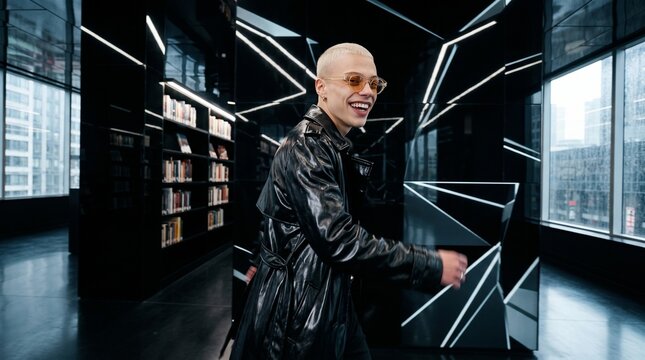 Stylish Person Smiling in Modern Library Setting