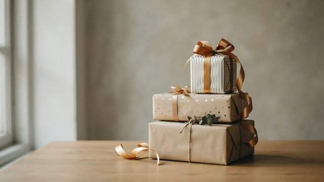 Elegant stack of beautifully wrapped christmas gifts