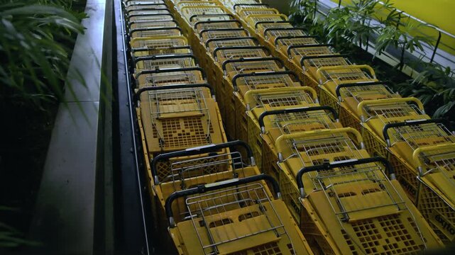 Rows of Empty Shopping Carts in a Supermarket Symbolizing Inflation, Reduced Consumer Spending and Retail Slowdown, Video Recorded in 4K at 60fps