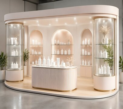 Minimalist Skincare Pop Up Booth Featuring Glass Shelves And Blank Product Bottles For Beauty Retail
