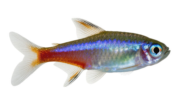Neon Tetra fish with iridescent blue stripe and red tail fin