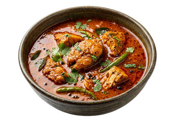 Fototapeta premium A delicious and aromatic bowl of chicken curry with fresh herbs and spices isolated on a transparent background