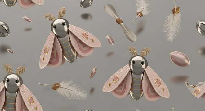 Whimsical Moth and Feather Pattern on Light Green Background.
