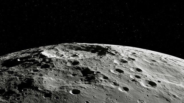 Surface of the moon with many deep impact craters against dark starry outer space sky creates realistic cosmic astronomy landscape view