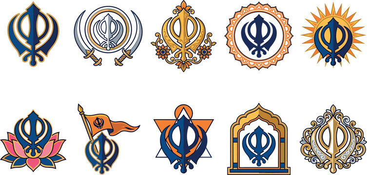 Sikh Khanda Religious Emblem Icon Set Featuring Ornate Spiritual Symbols Lotus Flowers Nishan Sahib Flags and Traditional Floral Borders