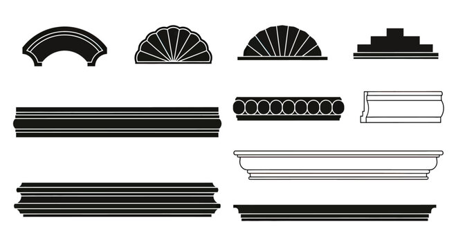 Architectural molding profiles and interior trim decorative icons.