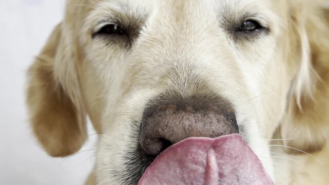 Close-up Golden Retriever attentively looking into the camera, gently taking a treat from human hand. Detailed shot capturing dog behavior, trust and positive interaction during feeding. 