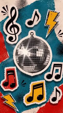 Pop Art Halftone Music Notes and Disco Ball Illustration, Nightlife Entertainment and Dance Party Icons in Distressed Torn Paper Collage Style, Vertical Video