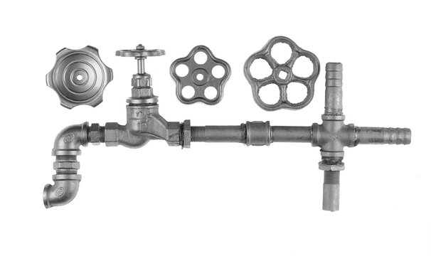 Silver water pipe with valve isolated on white background