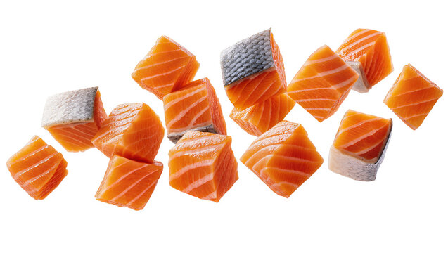 Fresh salmon cubes with skin and flesh visible