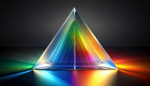a realistic 3d rendering showing how white light passing through a transparent glass triangular prism is split into the colors of the rainbow