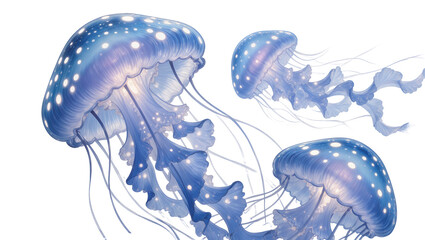 Three blue bioluminescent jellyfish with glowing spots floating © Ari