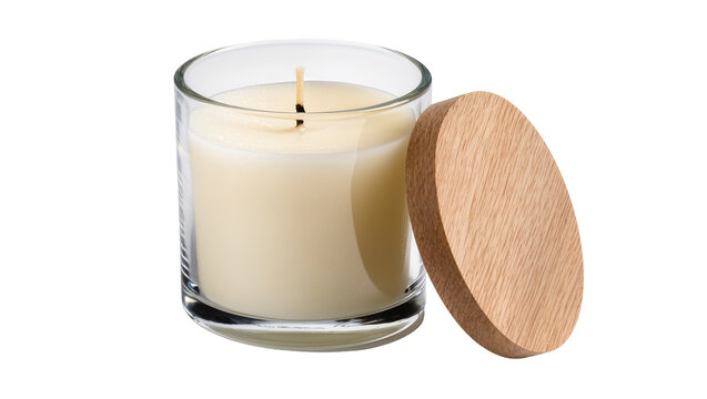 Scented candle in glass jar with wooden lid