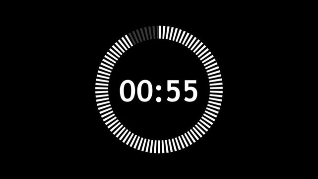 one minute countdown timer animation from 60 second to 0 second on transparent background, 1 minute countdown timer, countdown video with alpha channel