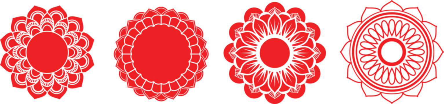 Set of four red mandala floral circle patterns for decorative design