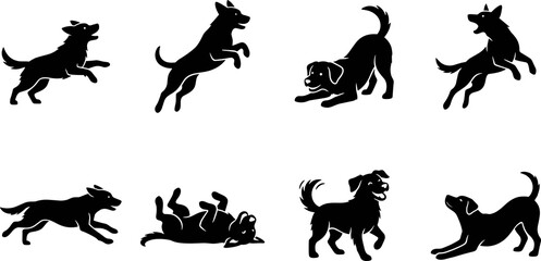 Naklejka premium Black dog silhouettes in playful poses including running, jumping, rolling, crouching, and standing alert for creative design use
