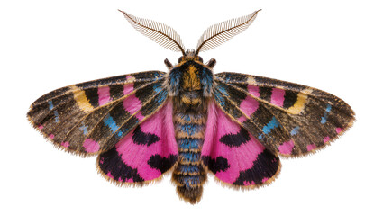 Vibrantly colored moth with pink blue, and yellow wing patterns © Ari