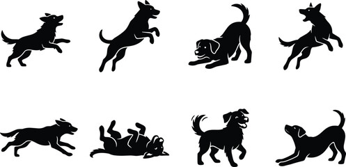 Naklejka premium Black dog silhouettes in playful poses including running, jumping, rolling, crouching, and standing alert for creative design use