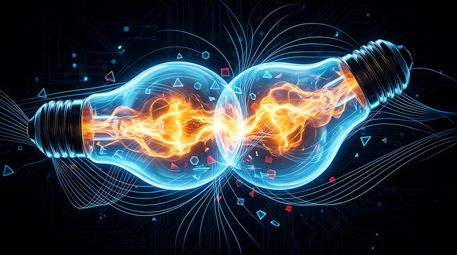 Two glowing glass bulbs with fiery interiors and swirling particles