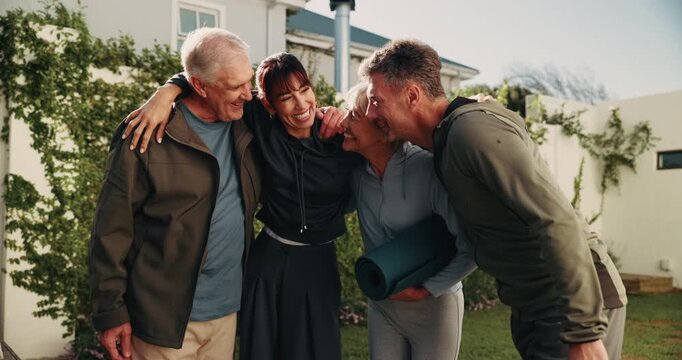 Yoga, trainers or elderly people in backyard with hug, active aging or bonding in practice together. Happy, mature man or woman at house with mat, coaching support or wellness with retirement hobby.