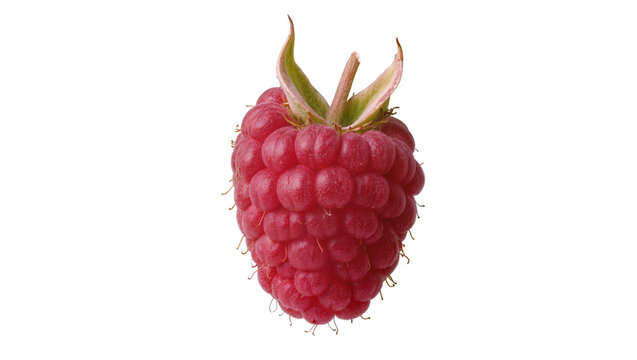 Single ripe raspberry with green sepals and stem