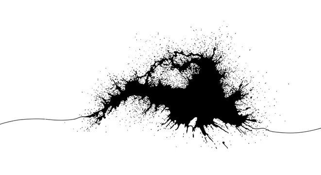 A dynamic black ink splatter explodes across a pristine white background, creating an abstract, organic shape with fine tendrils and a subtle horizontal line.