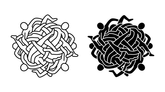 Entangled Humanity: A symbolic representation of human connection and interdependence, depicted as a knot of stylized figures in both black and white versions.