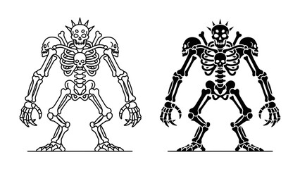 Monster Skeleton Duo: A formidable skeletal monster, depicted in both outline and solid black, stands with menacing claws and a crowned skull, ready to inspire awe and fear. © Hasib