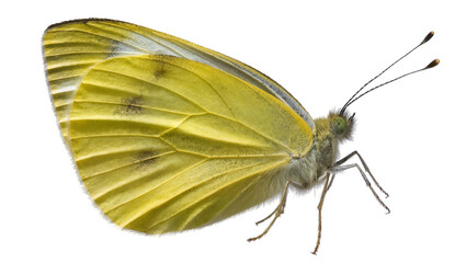 Yellow butterfly with dark spots on wings and fuzzy body © Ari