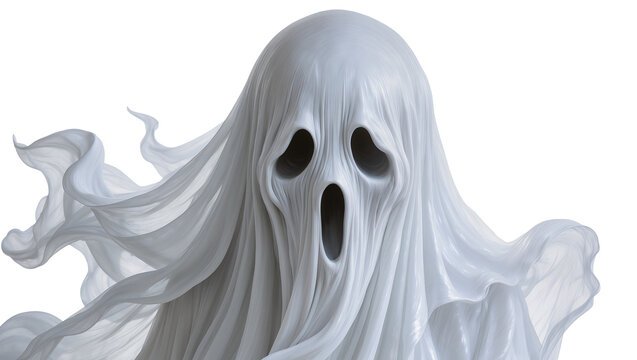 Scary white ghost with flowing fabric and dark eye sockets