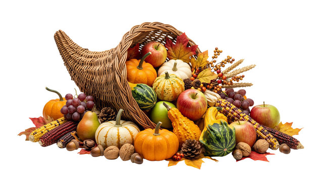 Abundant Thanksgiving harvest, cornucopia with fruits and vegetables, autumnal horn of plenty, seasonal produce