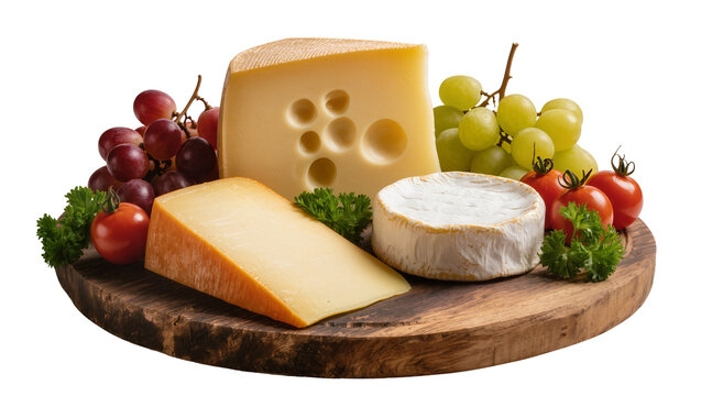 Assortment of cheeses with grapes tomatoes, and parsley on wooden board