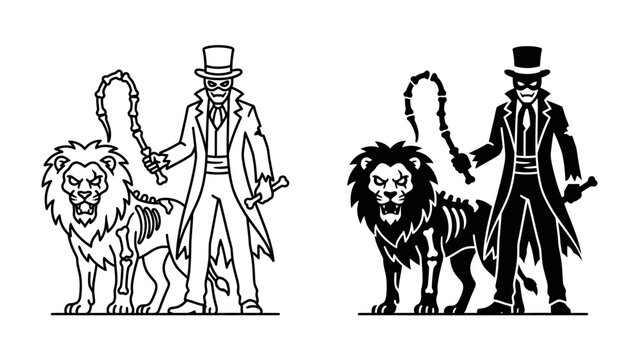 Circus Master and Zombie Lion Duo: A darkly whimsical illustration featuring a ringmaster with a top hat and whip standing beside a skeletal zombie lion.