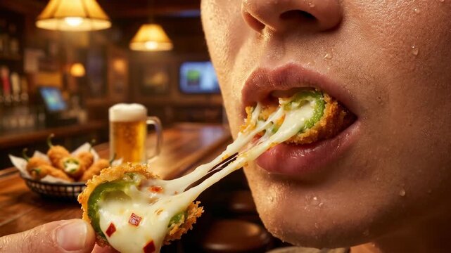 Delicious cheese stuffed jalapeno bites being enjoyed at a cozy restaurant with beer and snacks in the background