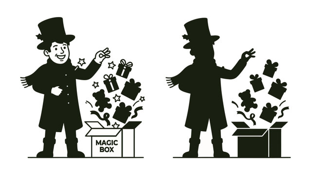 Magic Trick Reveal: A joyful illusionist in a top hat conjures gifts and toys from an open box, showcasing a delightful magic trick.