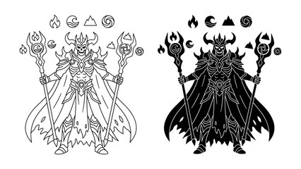 Mystical Sorcerer Duo: An enigmatic sorcerer, depicted in both line art and silhouette, stands regally with powerful staffs, surrounded by ancient elemental symbols. © Ajhar234
