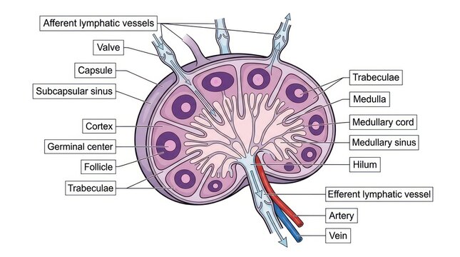 Cross-section of human lymph node with detailed anatomical structures.