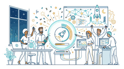 Startup Team Product Launch Vector Illustration © Gozel