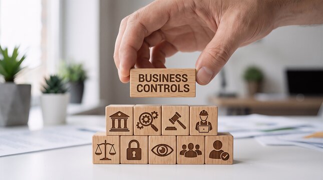 Manager stacking wooden blocks marked with business controls and corporate icons business controls management strategy corporate leadership planning compliance
