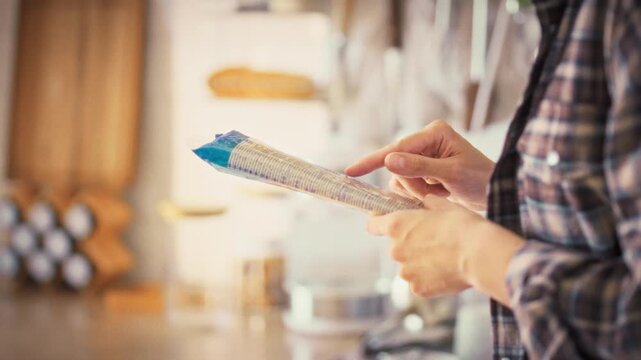Bathed in warm morning light, girl stands in her kitchen reading product label, checking its nutrition facts. focused scene highlights her commitment to healthy eating careful food quality control
