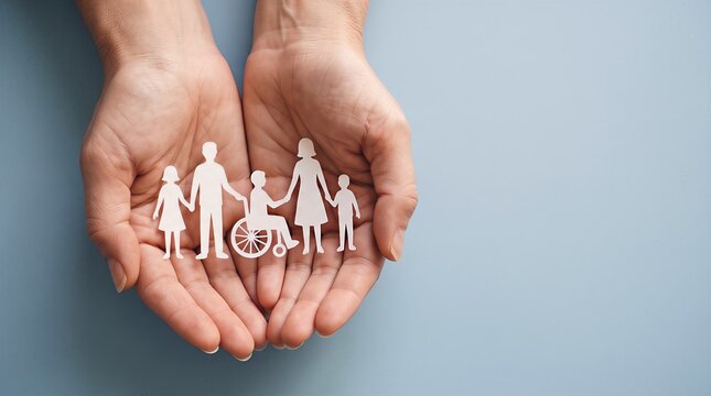 Inclusive paper cut family holding hands in human palms depicting social support and community care for disabled person in wheelchair representing togetherness and equality for all people.