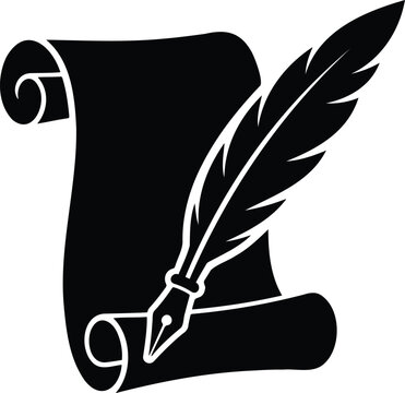 A rolled parchment scroll with a graceful feather quill